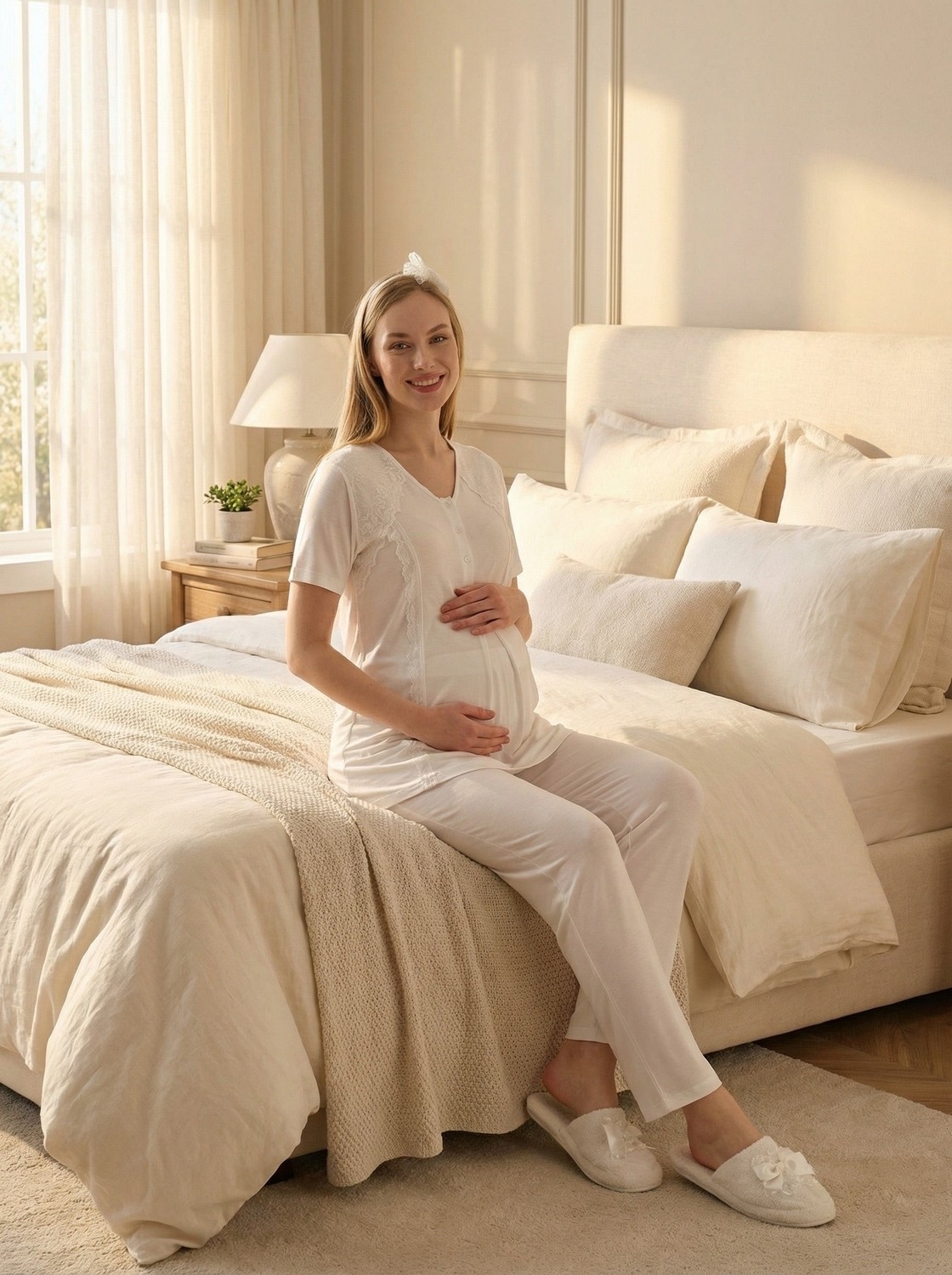 raia Yeni Sezon Nar Çiçeği Jakarlı Kısa Kol Şal Yaka Tasarım Yazlık Hamile Sabahlık Pijama Takım Seti görsel 4