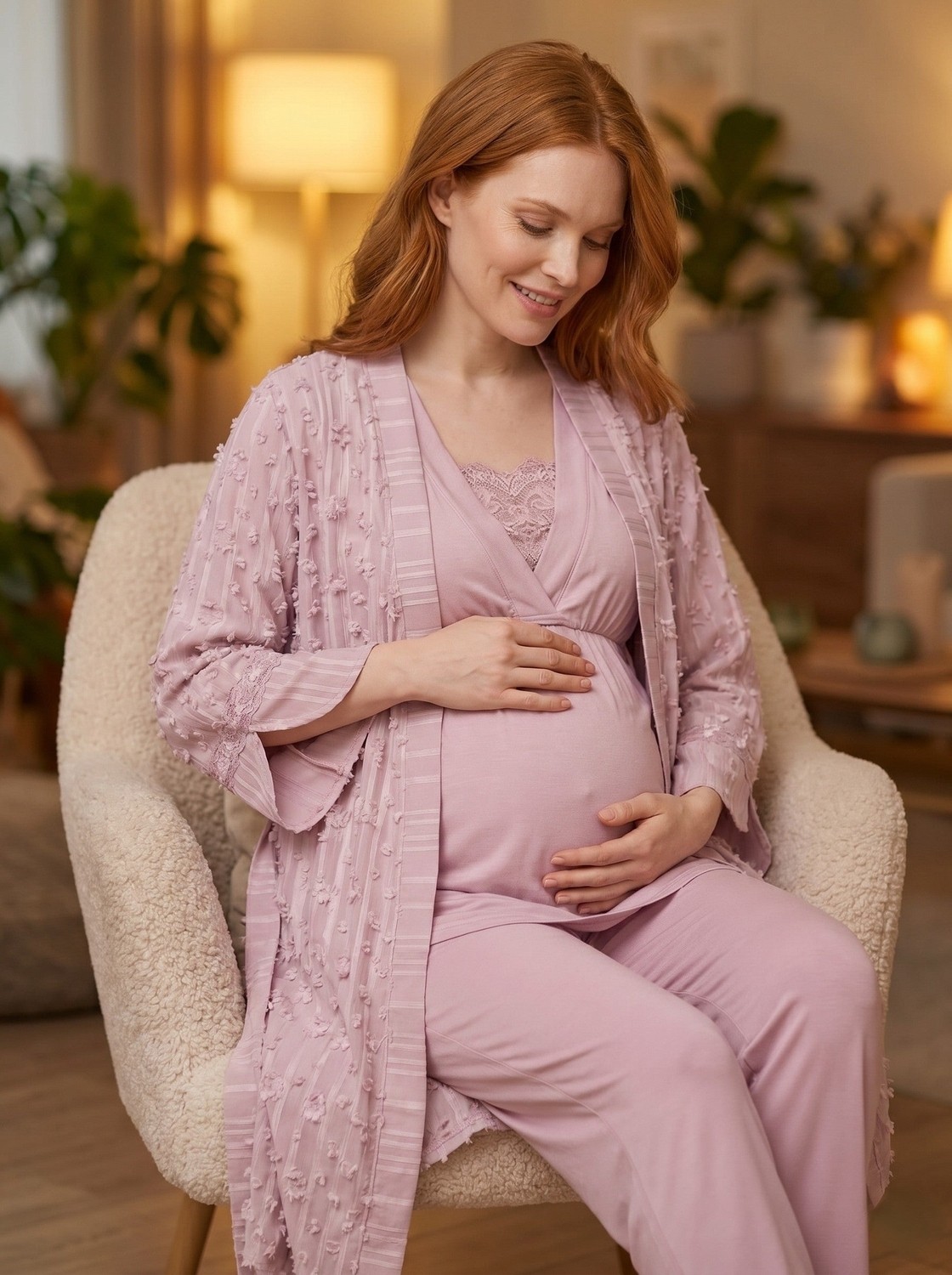 raia Yeni Sezon Gülkurusu Yazlık Kolay Emzirme Özellikli Tasarım Kısa Kol Dokuma Hamile Lohusa Sabahlık Pijama Takımı 3'lü Set görsel 2