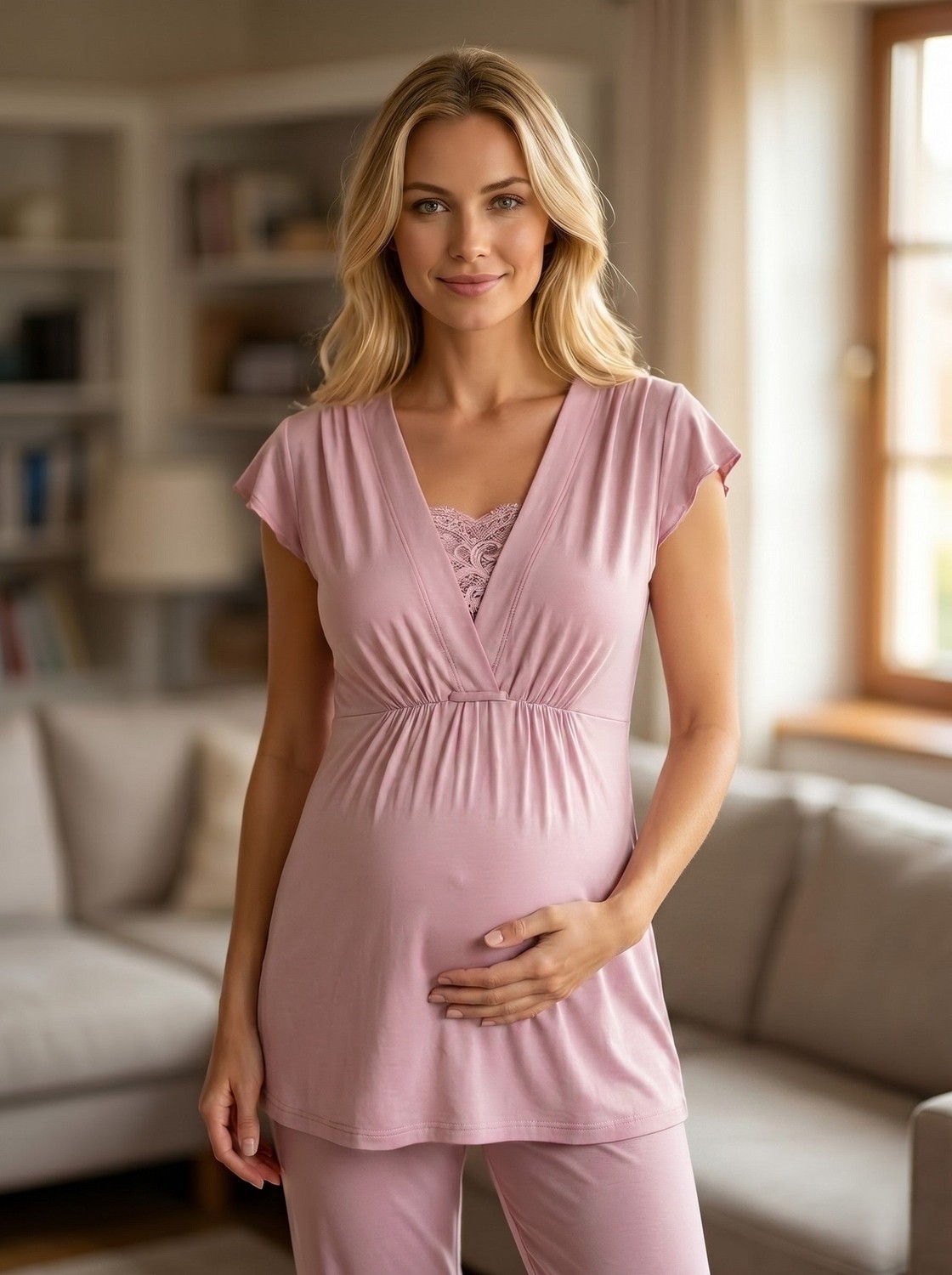 raia Yeni Sezon Gülkurusu Yazlık Kolay Emzirme Özellikli Tasarım Kısa Kol Dokuma Hamile Lohusa Sabahlık Pijama Takımı 3'lü Set görsel 3