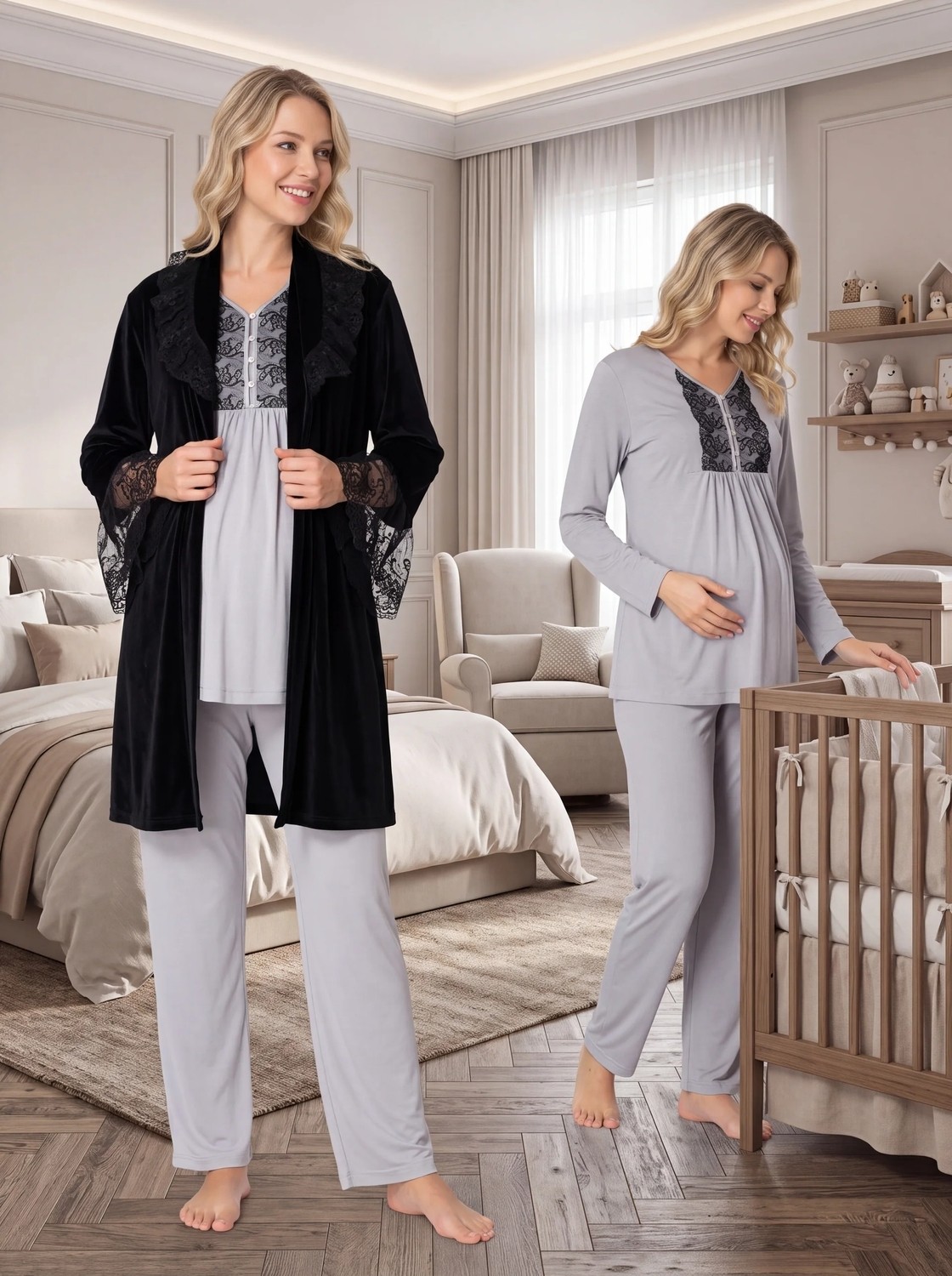 raia Kadife Siyah Dantelli Özel Tasarım Kışlık Hamile Lohusa Sabahlık Pijama Takımı Seti görsel 4