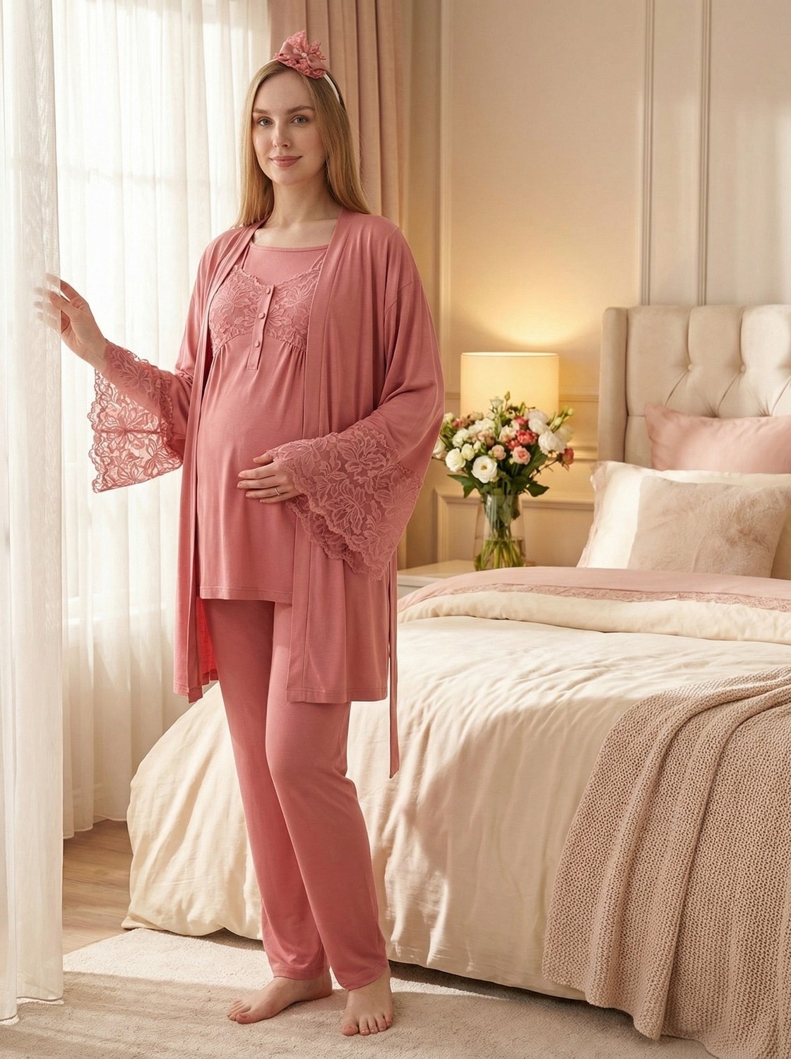 raia Yeni Sezon Nar Çiçeği Yazlık Şık Dantel Detaylı Tasarım Kısa Kollu Düğmeli Hamile Lohusa Sabahlık Pijama Takımı Seti