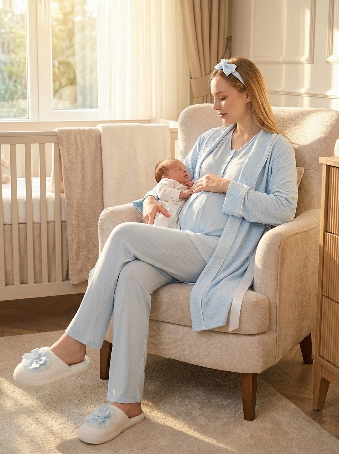 raia Yeni Sezon Nar Çiçeği Jakarlı Kısa Kol Şal Yaka Tasarım Yazlık Hamile Sabahlık Pijama Takım Seti görsel 8