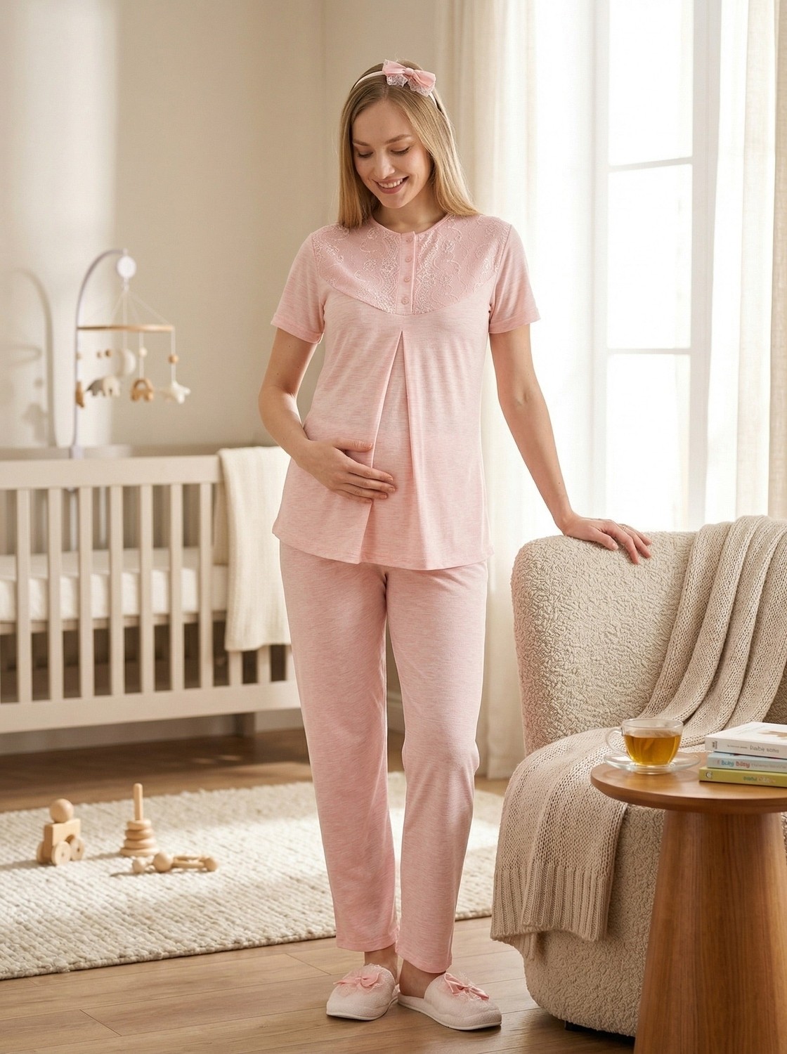 raia Yeni Sezon Gri Desenli Yazlık Dantel Detaylı Düğmeli Kısa Kol Hamile Sabahlık Pijama Takım Seti görsel 7