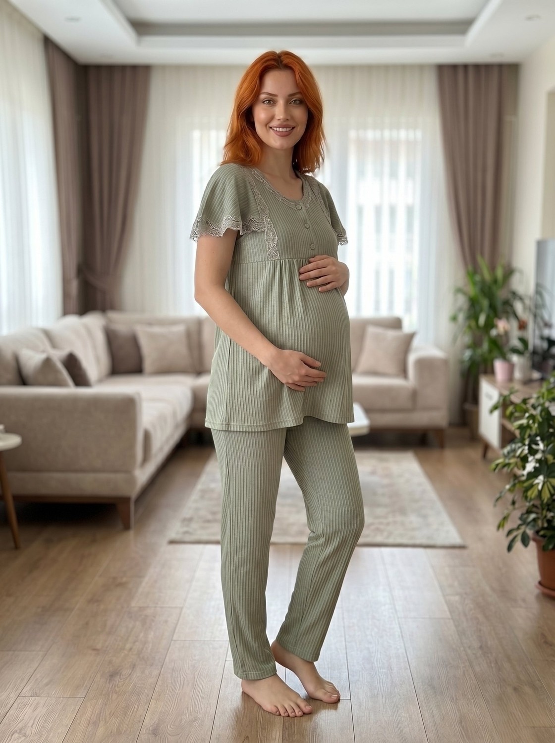 raia Yeni Sezon Pudra Yazlık Dantel Detaylı Tasarım Emzirme Özellikli Kısa Kollu Lohusa Hamile Pijama Takımı görsel 5