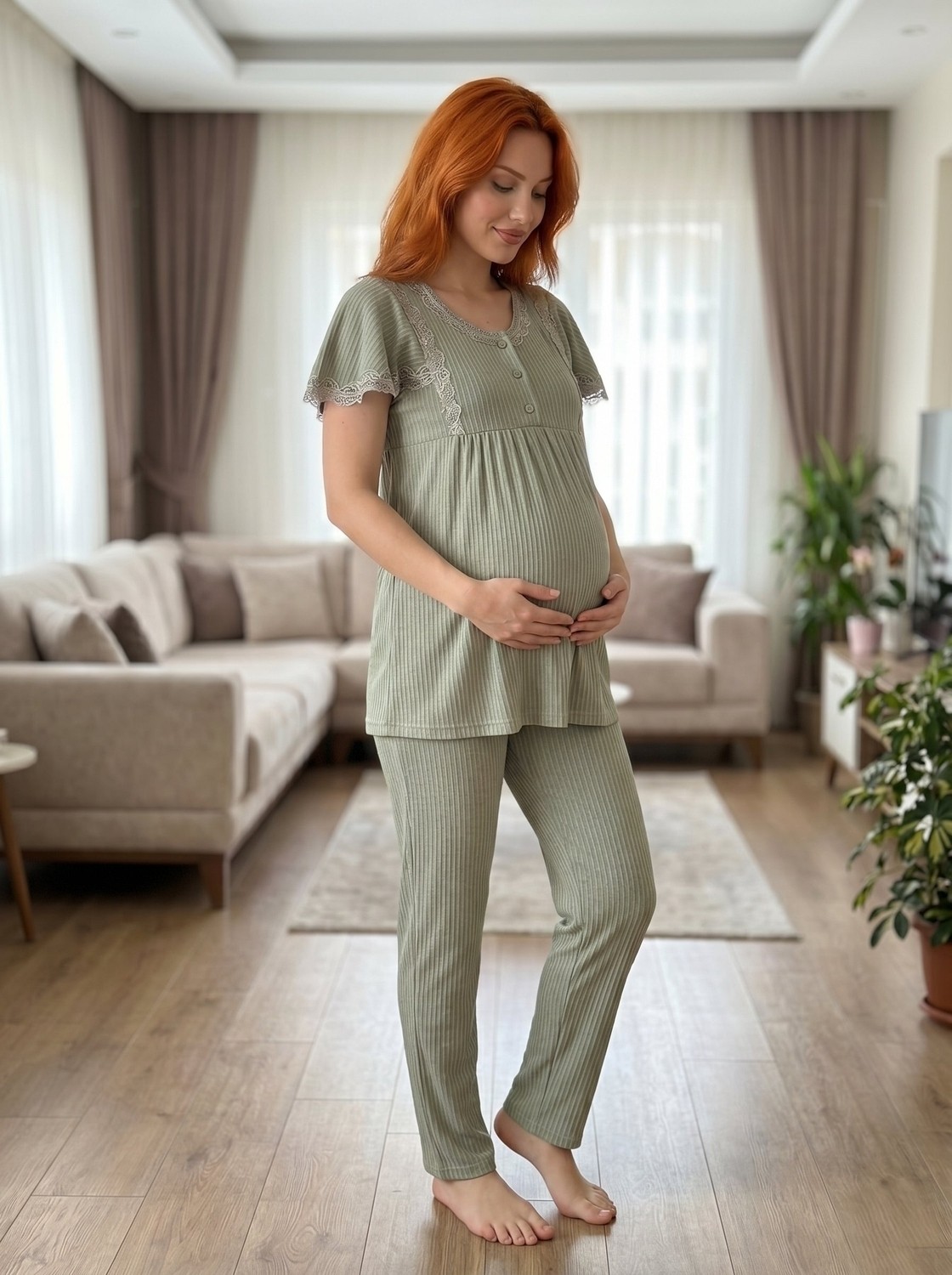 raia Yeni Sezon Pudra Yazlık Dantel Detaylı Tasarım Emzirme Özellikli Kısa Kollu Lohusa Hamile Pijama Takımı görsel 6