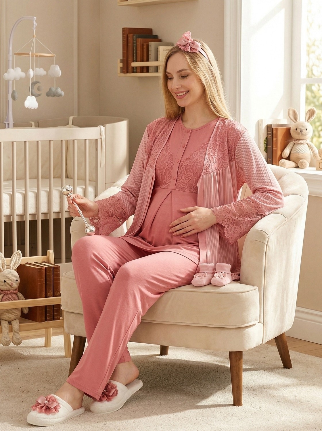 raia Yeni Sezon Vizon Yazlık Jakarlı Şık Dantelli Kısa Kol Hamile Lohusa Sabahlık Pijama Takımı Seti görsel 4