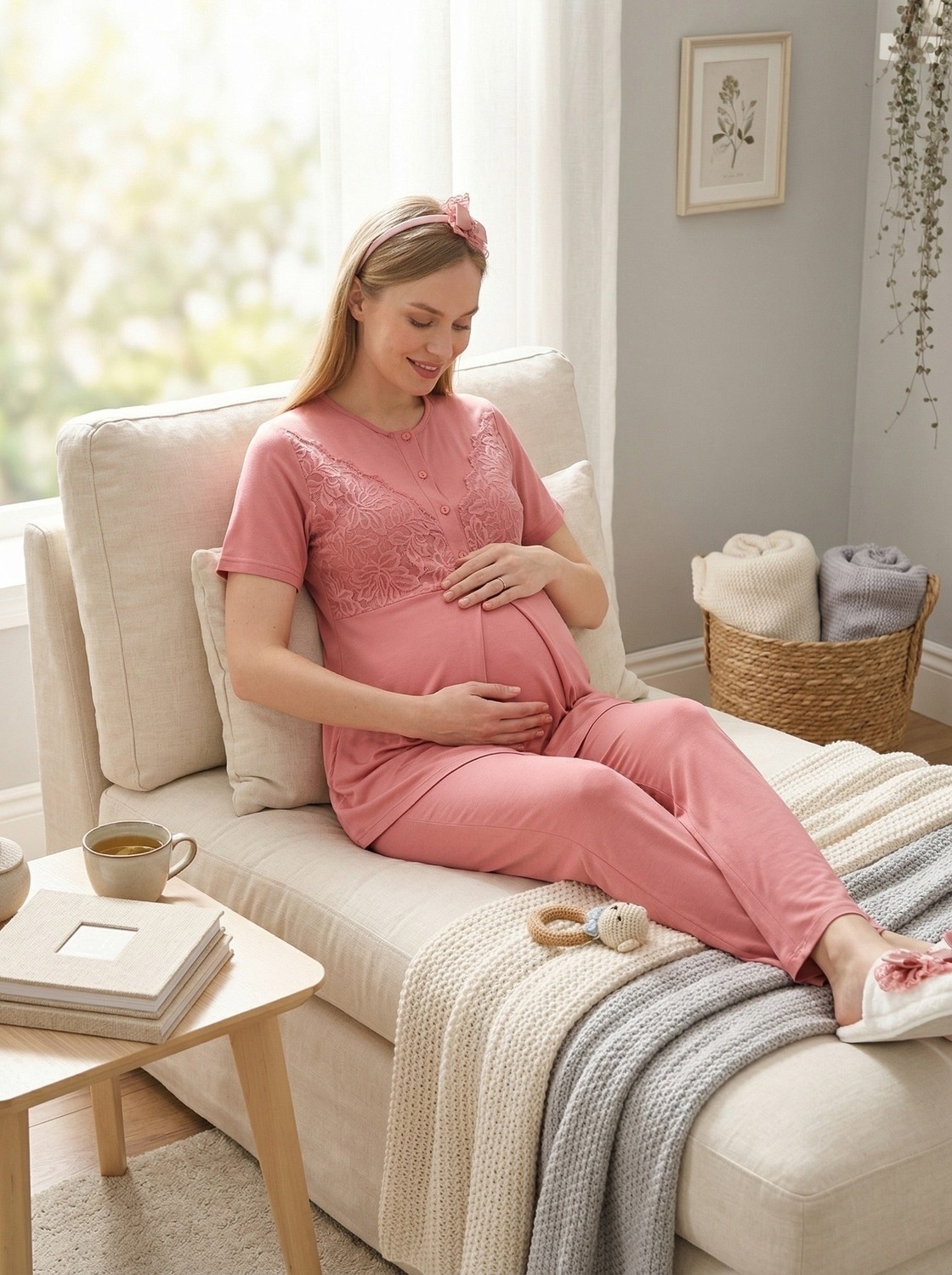 raia Yeni Sezon Vizon Yazlık Jakarlı Şık Dantelli Kısa Kol Hamile Lohusa Sabahlık Pijama Takımı Seti görsel 5
