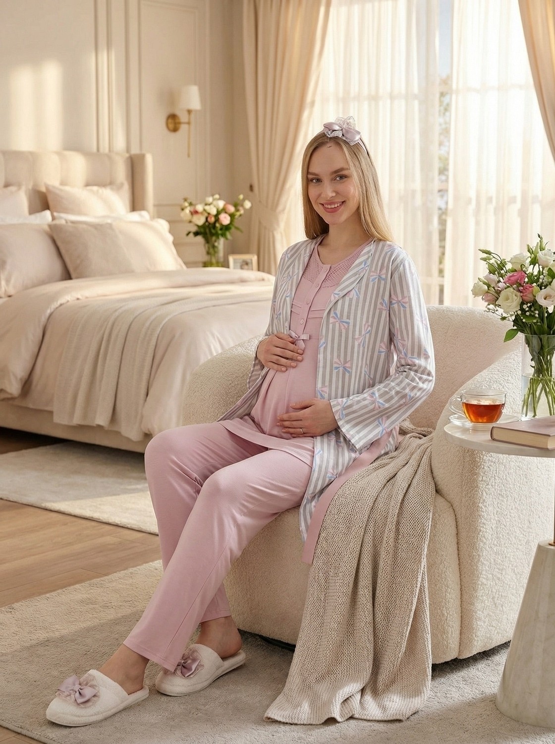 raia Yeni Sezon Mavi Çizgili Şal Yaka Yazlık Düğmeli Tasarım Kısa Kol Hamile Sabahlık Pijama Takımı Seti