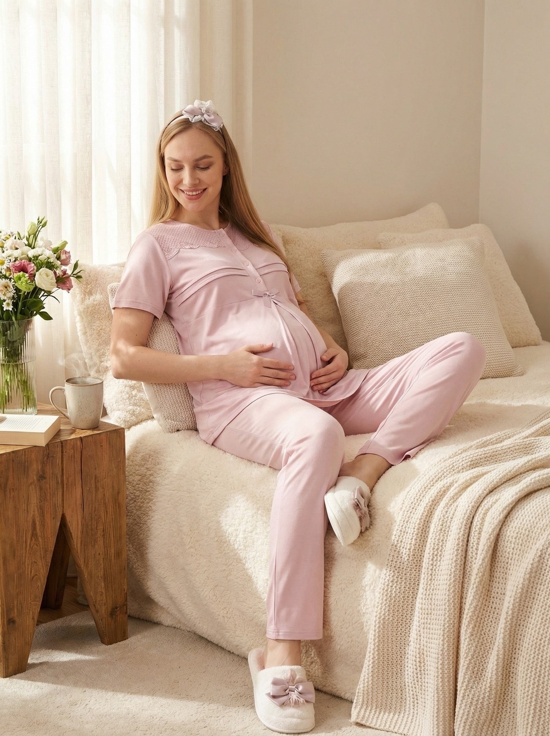raia Yeni Sezon Mavi Çizgili Şal Yaka Yazlık Düğmeli Tasarım Kısa Kol Hamile Sabahlık Pijama Takımı Seti görsel 5