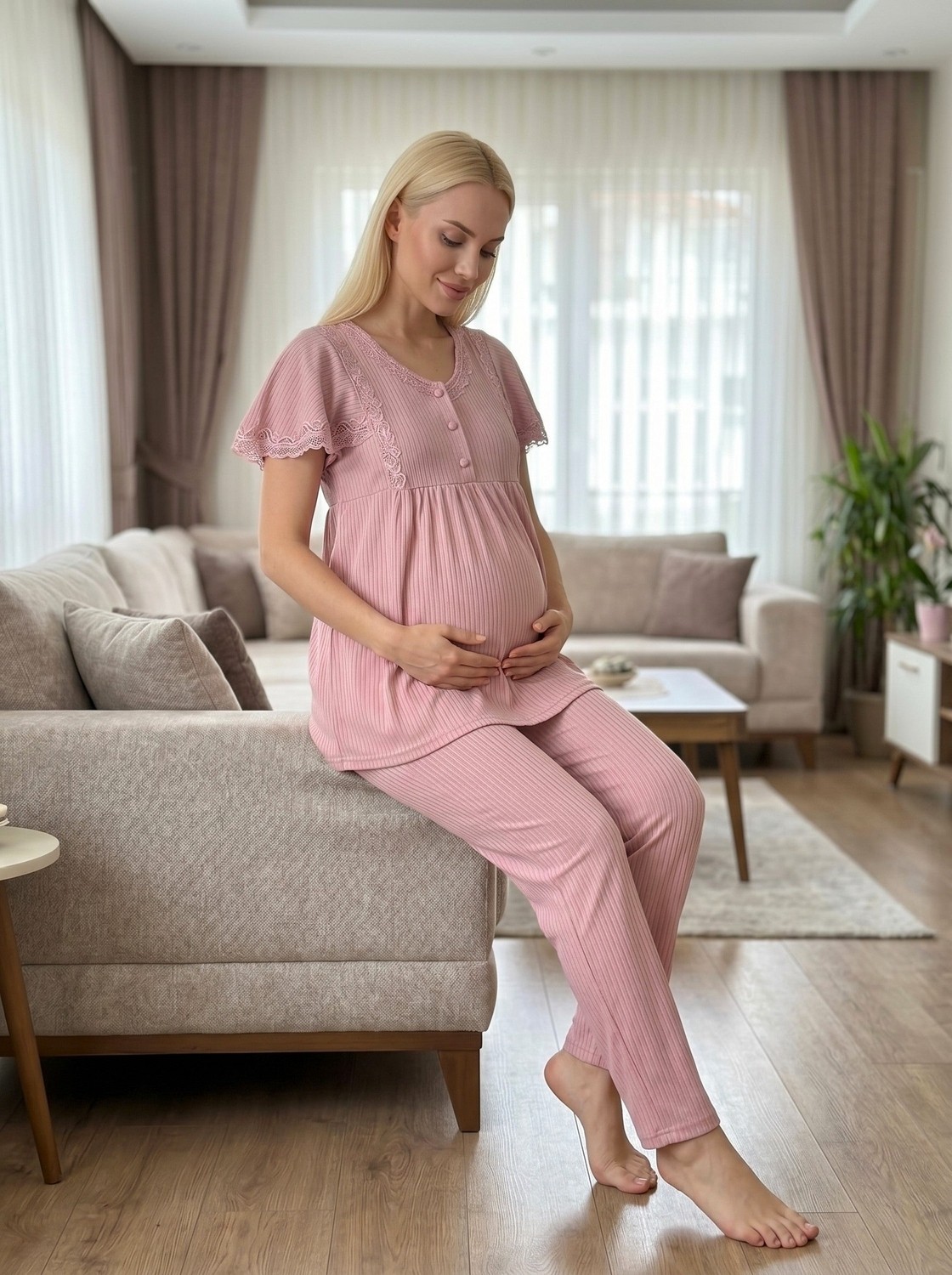 raia Yeni Sezon Pudra Yazlık Dantel Detaylı Tasarım Emzirme Özellikli Kısa Kollu Lohusa Hamile Pijama Takımı