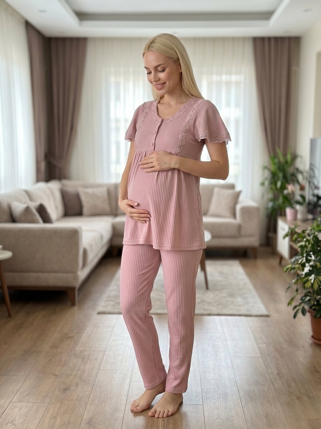 raia Yeni Sezon Pudra Yazlık Dantel Detaylı Tasarım Emzirme Özellikli Kısa Kollu Lohusa Hamile Pijama Takımı görsel 8