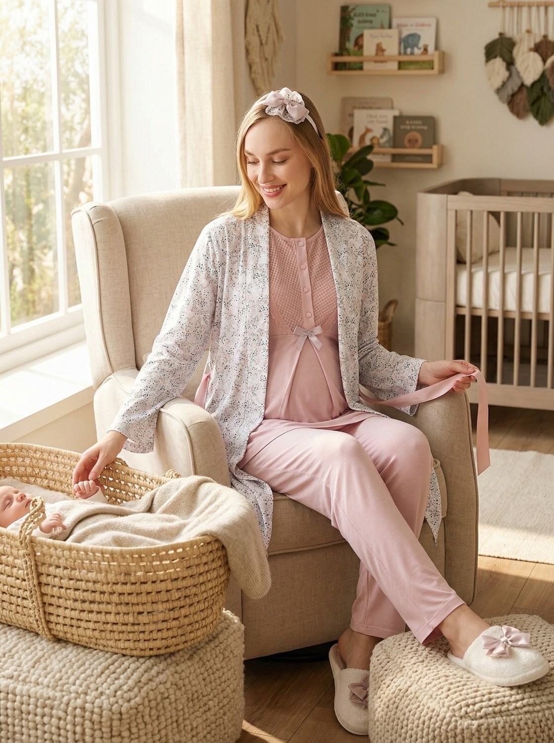 raia Yeni Sezon Pudra Yazlık Desenli Şal Yaka Kısa Kol Düğmeli Hamile Lohusa Sabahlık Pijama Takım Seti görsel 3