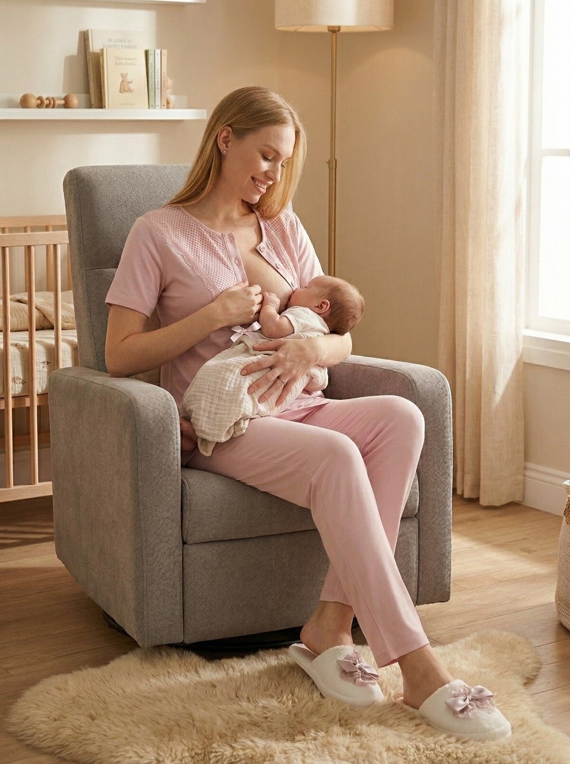 raia Yeni Sezon Pudra Yazlık Desenli Şal Yaka Kısa Kol Düğmeli Hamile Lohusa Sabahlık Pijama Takım Seti görsel 4