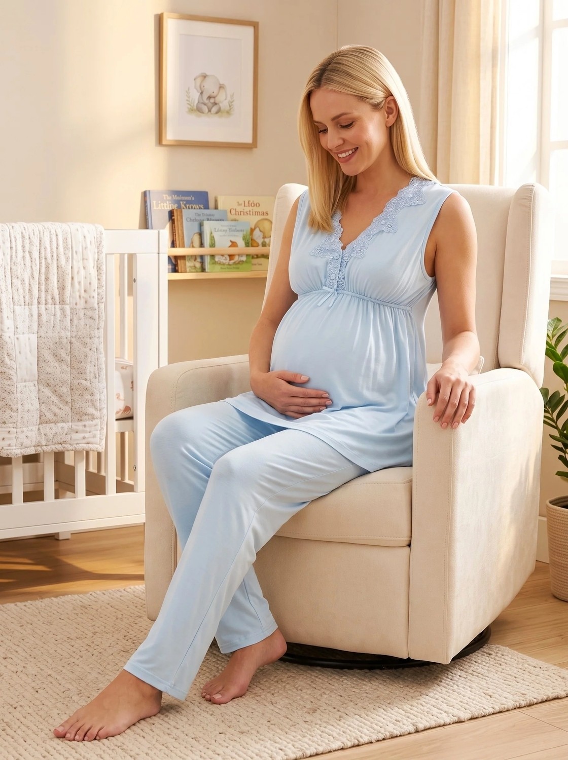 raia Kadın Ekru Geniş Askılı Hamile Lohusa Pijama Takımı görsel 6