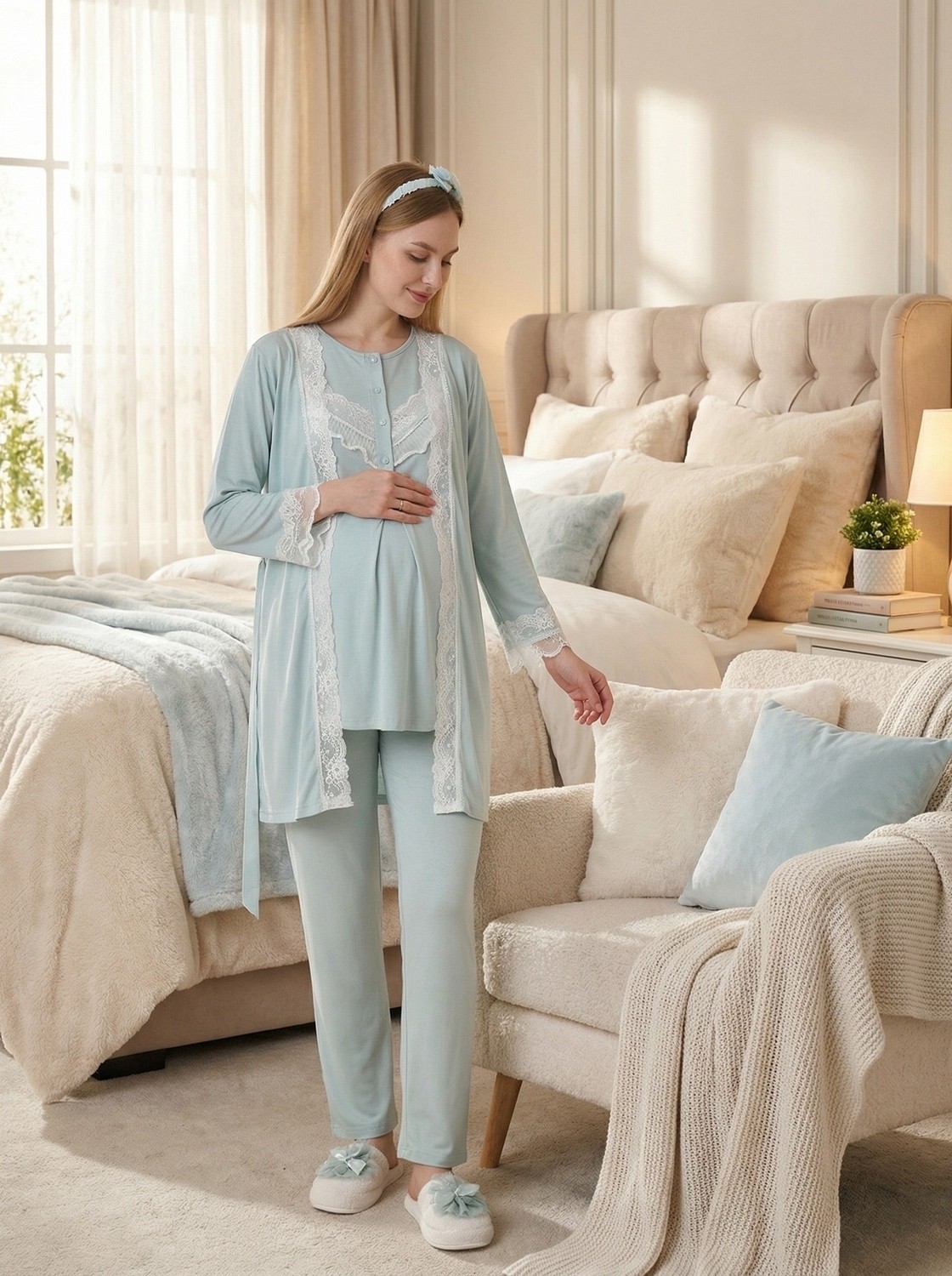 raia Yeni Sezon Vizon Yazlık Dantel Detaylı Kısa Kol Düğmeli Şık Hamile Sabahlık Pijama Takımı Seti
