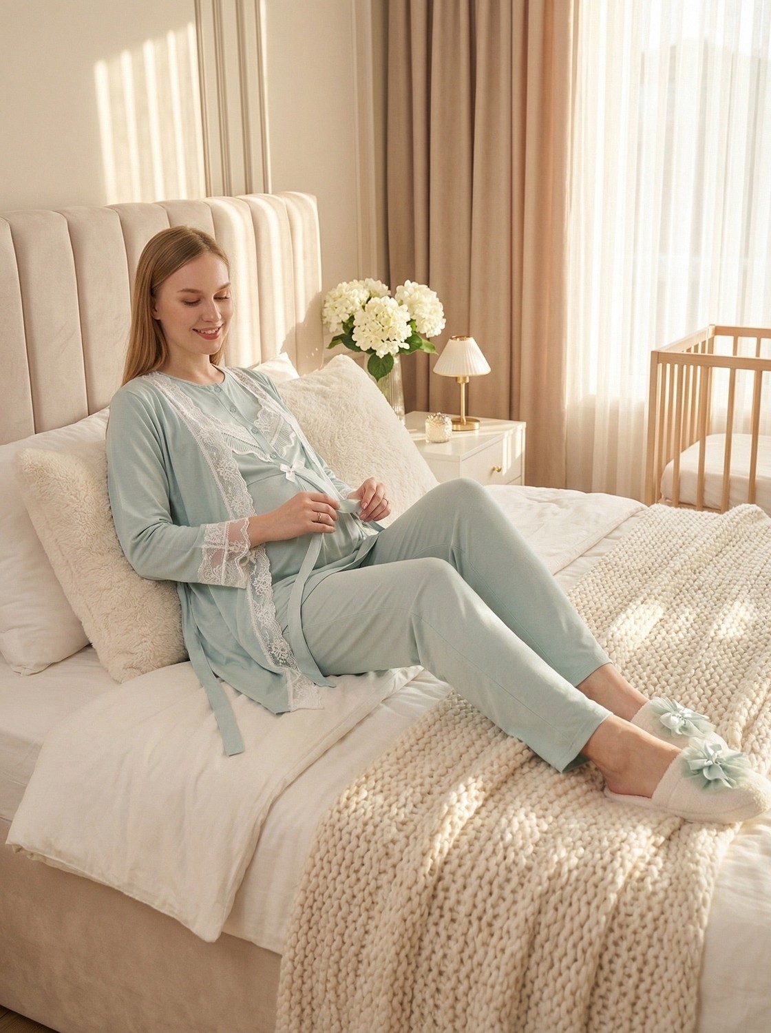 raia Yeni Sezon Vizon Yazlık Dantel Detaylı Kısa Kol Düğmeli Şık Hamile Sabahlık Pijama Takımı Seti görsel 4