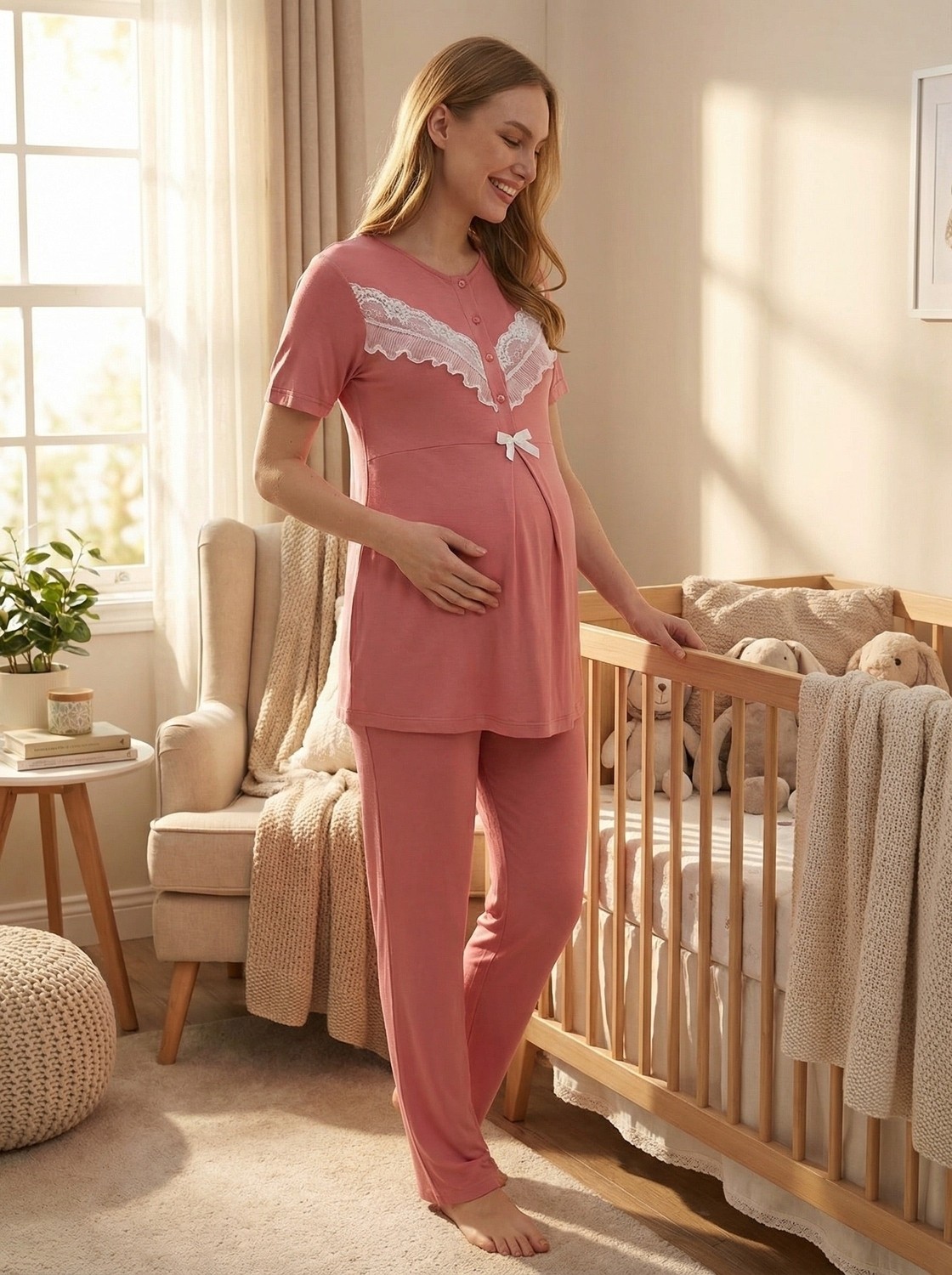 raia Yeni Sezon Vizon Yazlık Dantel Detaylı Kısa Kol Düğmeli Şık Hamile Sabahlık Pijama Takımı Seti görsel 8