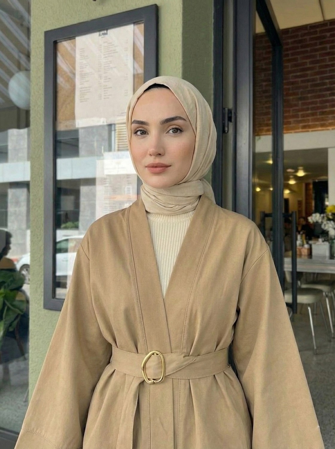 Miostil Geniş Manşet Kuşak Detay Ceket-Ekru görsel 2