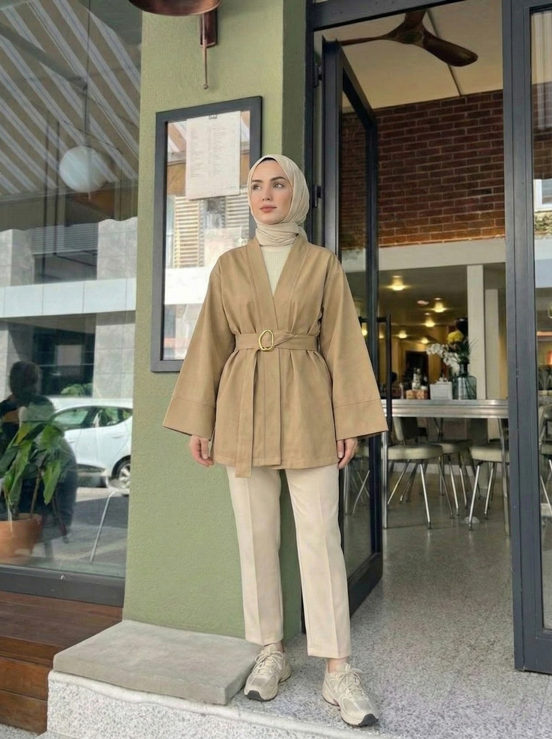 Miostil Geniş Manşet Kuşak Detay Ceket-Ekru görsel 3