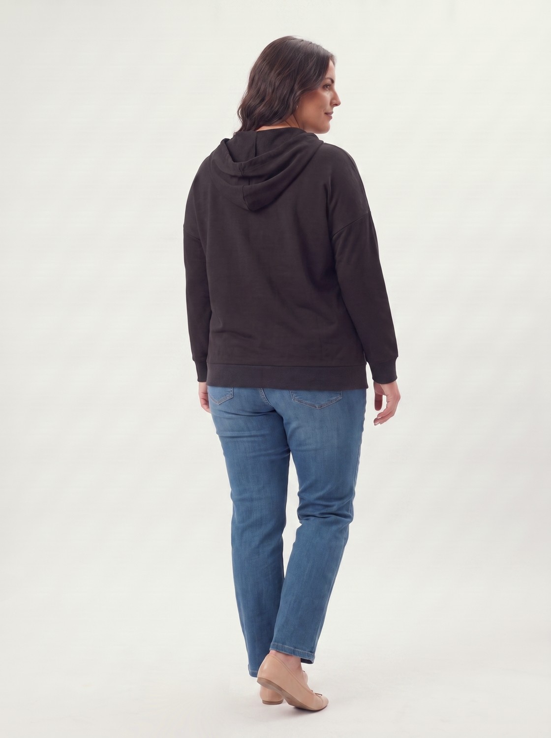 Stori Kadın Büyük Beden Fermuarlı Kapüşonlu Sweatshirt Cepli Fularlı Viskon Siyah görsel 3