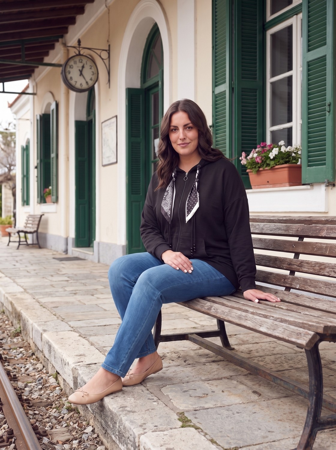 Stori Kadın Büyük Beden Fermuarlı Kapüşonlu Sweatshirt Cepli Fularlı Viskon Siyah görsel 6