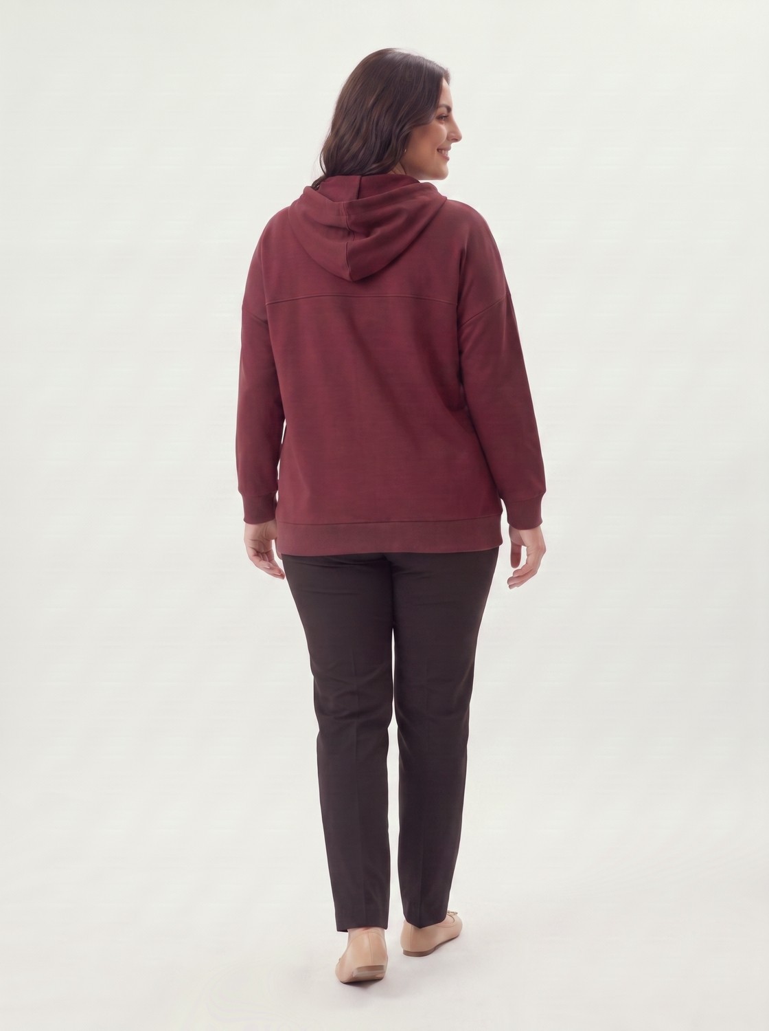 Stori Kadın Büyük Beden Fermuarlı Kapüşonlu Sweatshirt Cepli Fularlı Viskon Bordo görsel 6