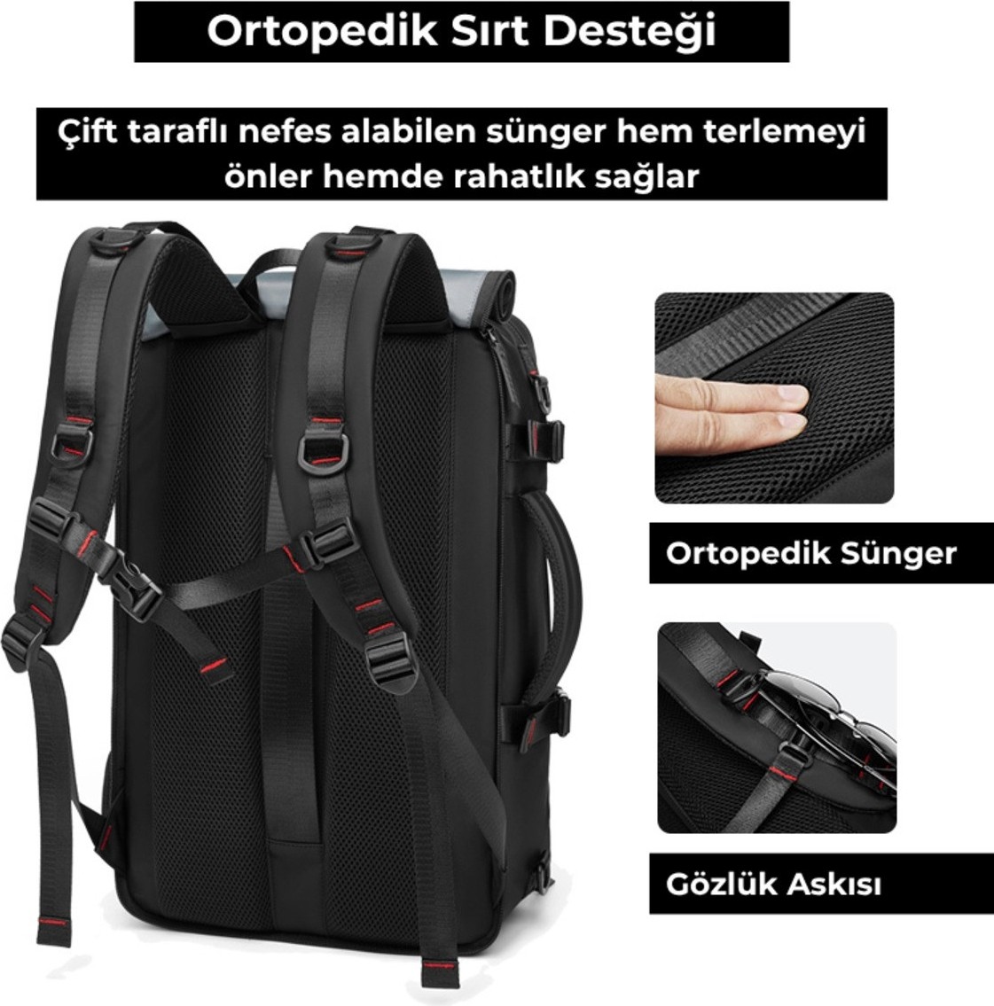 Relaxus Ayakkabı Bölmeli Su Geçirmez Spor & Seyahat Sırt Çantası, 30L, 16” Laptop Bölmeli görsel 6
