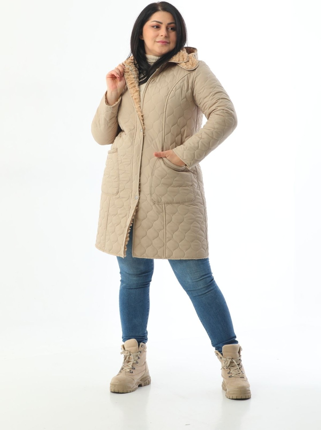 TUTveAL Collection İthal Yumuşak Kürklü Mont, Büyük Beden , Tavşan Tüylü Kaban, Su Itici Mont,kapitone Mont,diz üstü