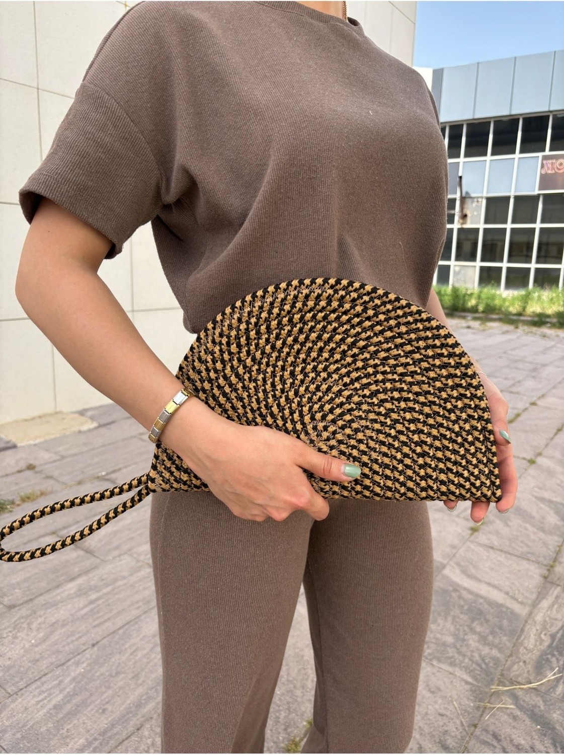 MaVaux Moss Fermuarlı Vegan Hasır Jüt Clutch Çanta Modern Tasarım Küçük Boy Suya Dayanıklı