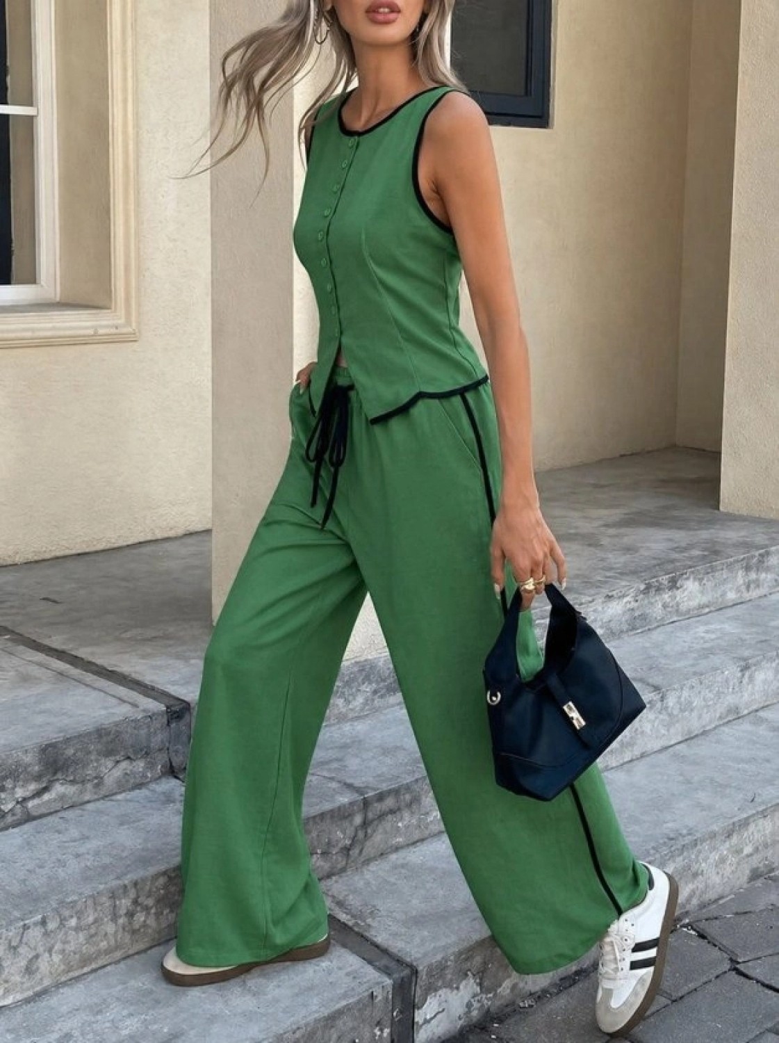 Pileli Store Kadın Kolsuz Önü Düğmeli Yelek ve Pantolon Ikili Takım görsel 2