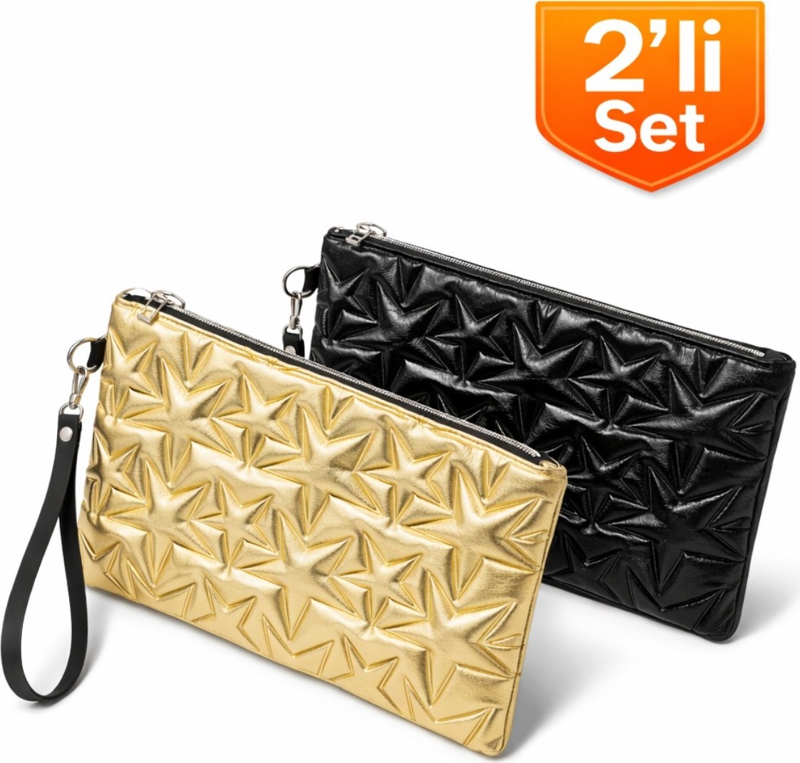 Adelina Bags 2'li Çanta Paketi Yıldız Desenli Portföy El Çantası Bilek Askılı Clutch Çanta
