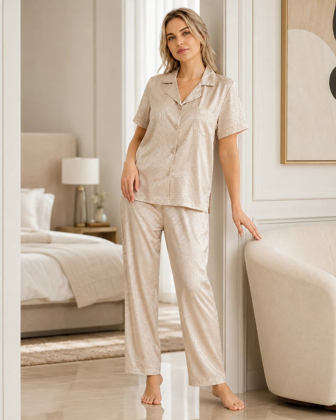 Flz Kadın Boydan Düğmeli Saten Kumaşı Desenli Yazlık Pijama Takımı 88-138 88-138 görsel 3