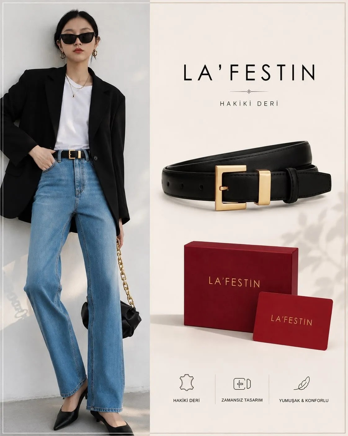 Lafestin Hakiki Deri Gold Toka Kadın Kemeri Pantolon Kemeri, Gömlek Kemeri görsel 4