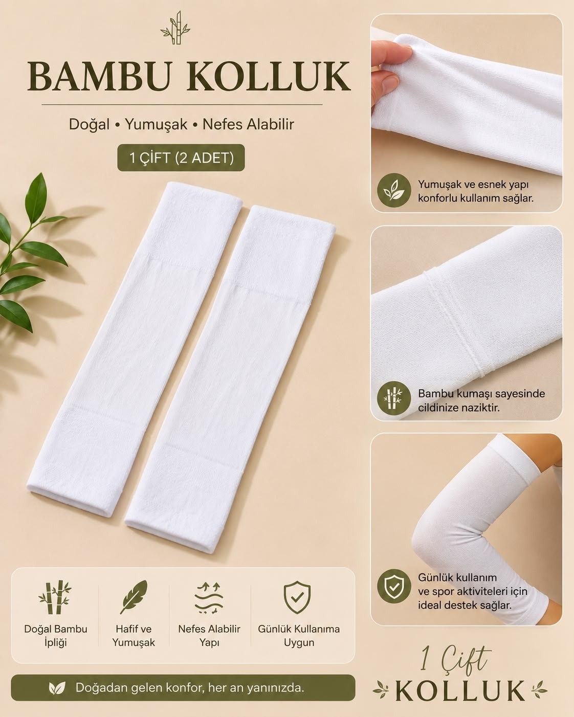 İnderin Beyaz Bambu Kolluk 1 Çift Nefes Alan Esnek Kol Koruyucu görsel 2