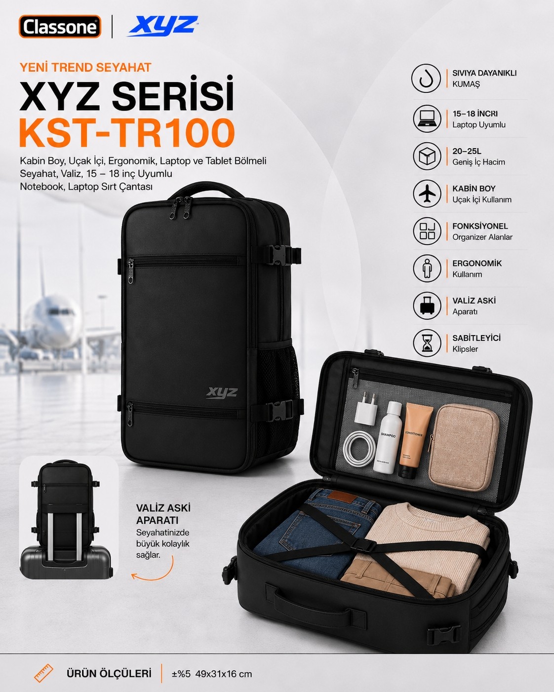 Classone Xyz Serisi KST-TR100 Kabin Boy ,uçak Içi , Ergonomik, Laptop ve Tablet Bölmeli, Seyahat, Valiz, 15 -18 Inch Uyumlu Sırt Çantası görsel 2