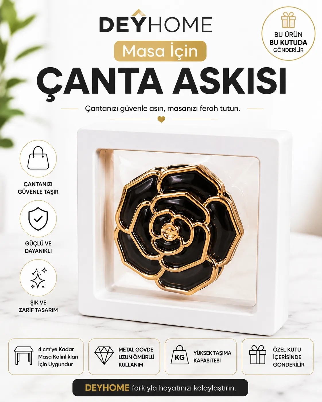 deyhome Katlanabilir Çanta Askısı Gül Tasarımlı Masa Kenarı Çanta Tutucu Askı Aparatı Kadın Çanta Kancası görsel 3