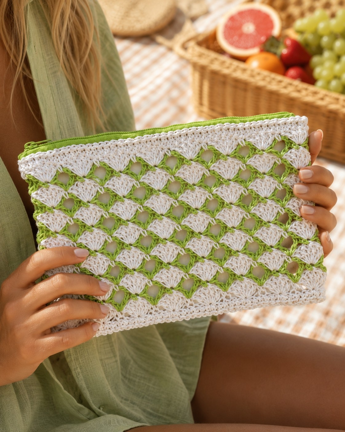 Enie Kadın Yeşil-Beyaz Astarlı Clutch Çanta