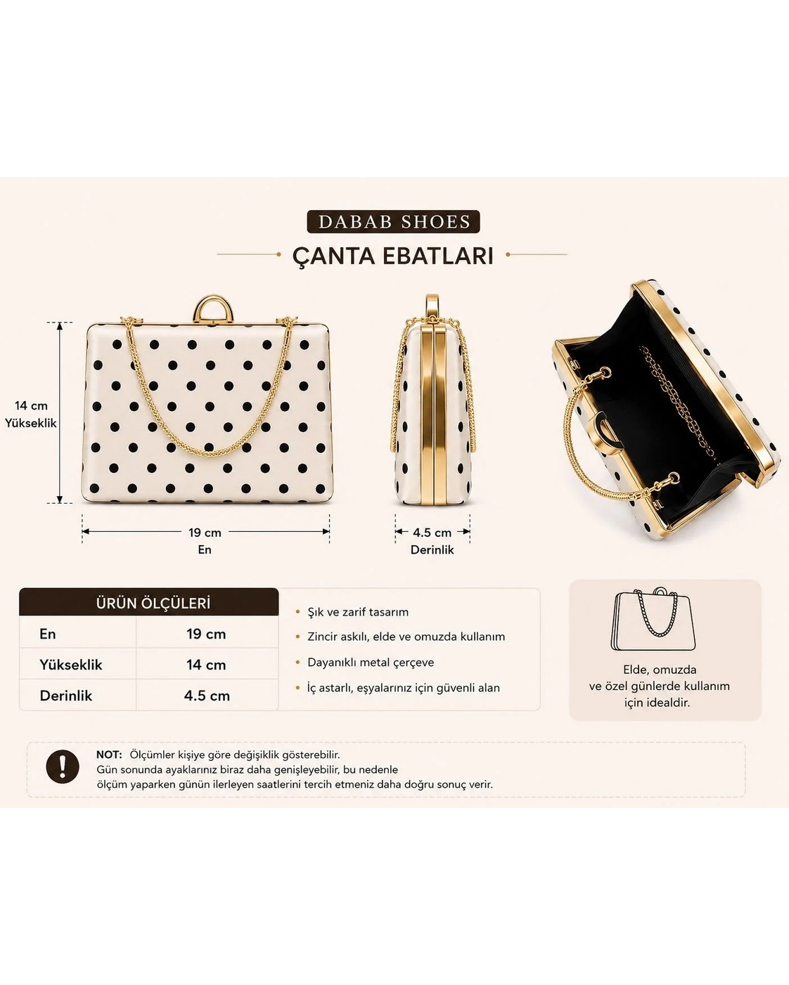 Lebibe Shoes Penelop Kadın Puantiyeli Saten Zincir Askılı Metal Çerçeveli Siyah Abiye El ve Omuz Çantası görsel 3