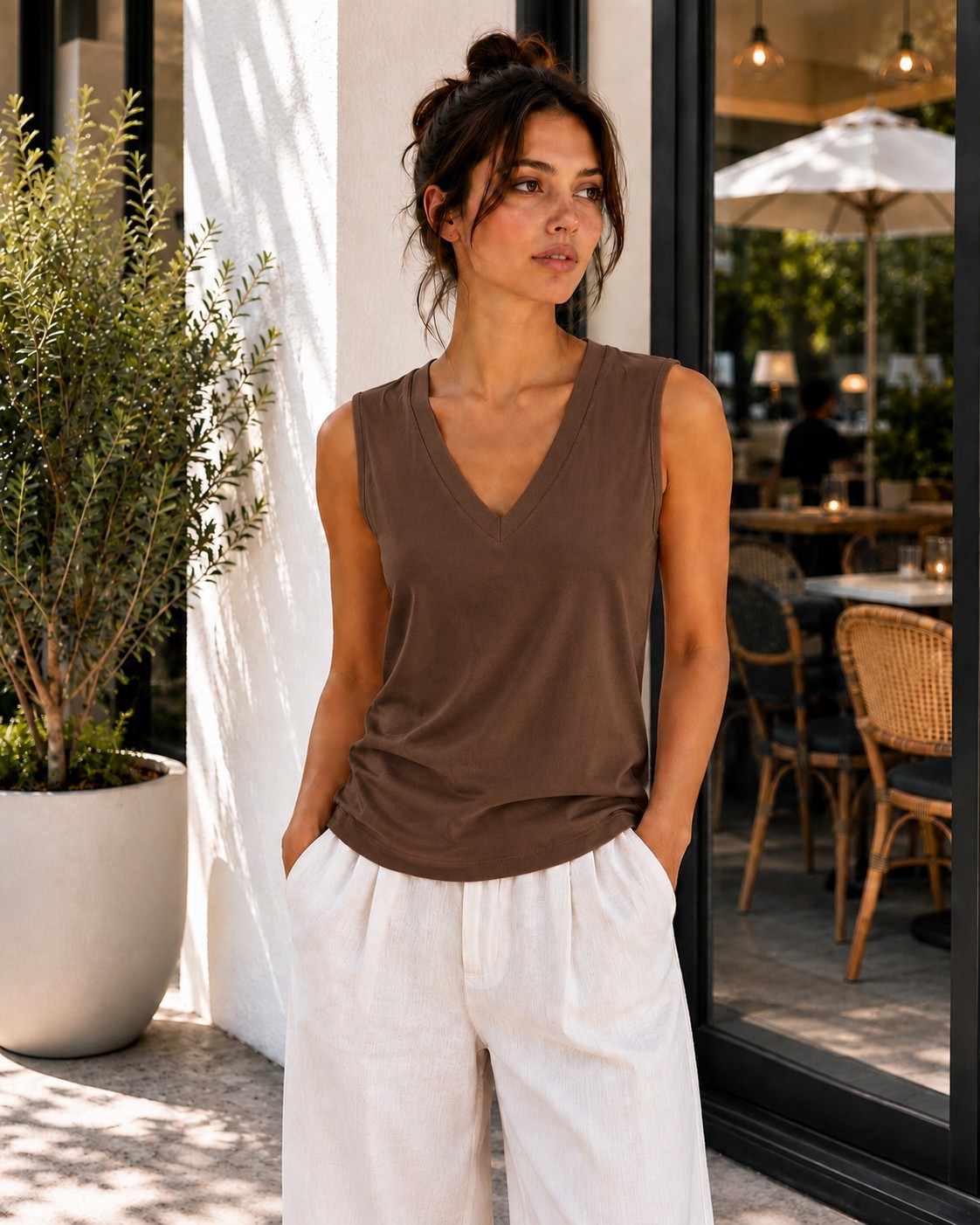 Hayalet Kadın V Yaka Kolsuz T-Shirt Ultra Soft Basic Bluz