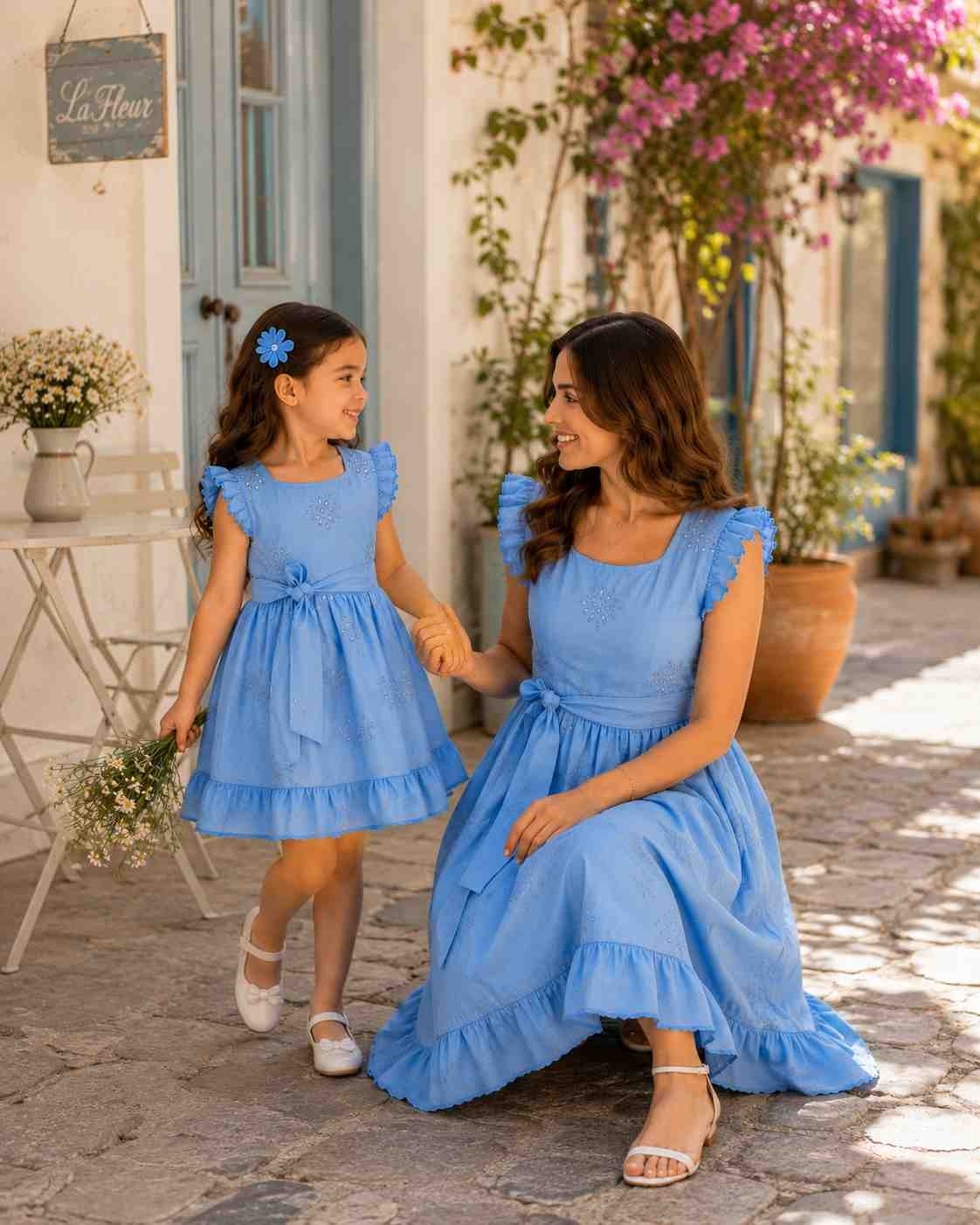 Minik Yıldızlar Ela Anne Kız Kombini Nakış Işlemeli Fırfır Kollu Mavi Elbise, Özel Gün, Bayram, Doğum Günü ve Davet Elbisesi görsel 2