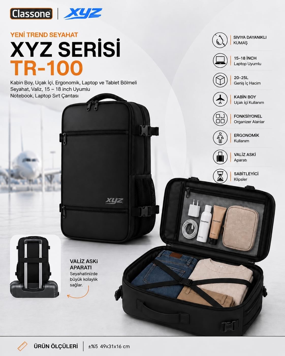 Die Grup Classone Xyz Serisi TR-100 Kabin Boy,uçak Içi, Ergonomik, Laptop ve Tablet Bölmeli, Seyahat, Valiz, 15-18 Inch Uyumlu Notebook, Laptop Sırt Çantası