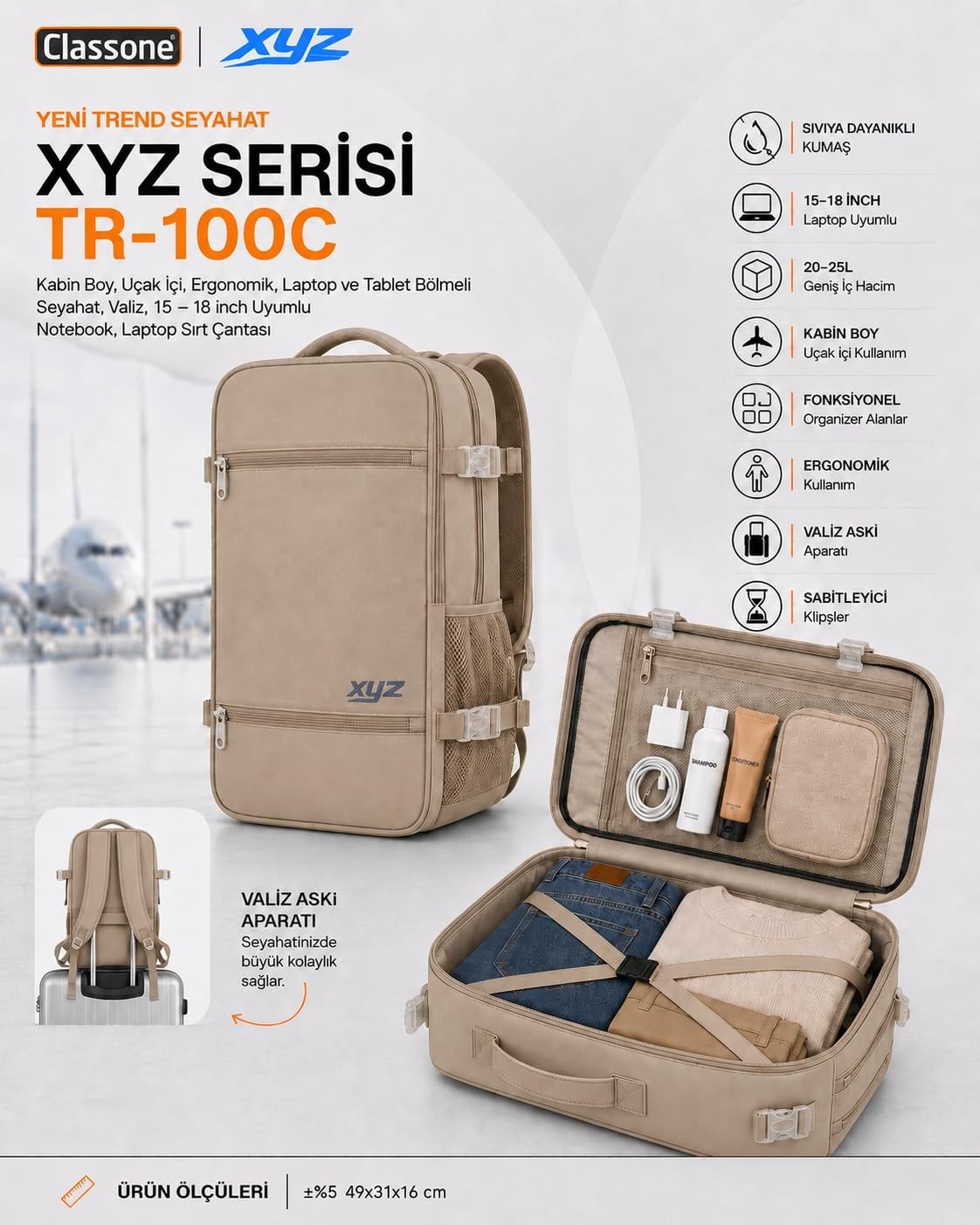 Die Grup Classone Xyz Serisi TR-100C Kabin Boy,uçak Içi, Ergonomik, Laptop ve Tablet Bölmeli, Seyahat, Valiz, 15-18 Inch Uyumlu Notebook, Laptop Sırt Çantası, Camel