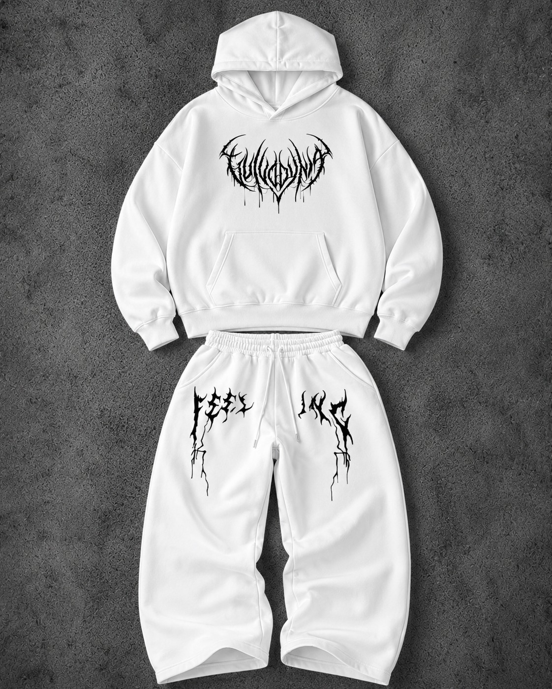 Macklin Unisex Kadın Erkek Feeling Yazı Baskılı Oversize 3 Iplik Kapüşonlu Hoodie ve Baggy Eşofman Altı görsel 3