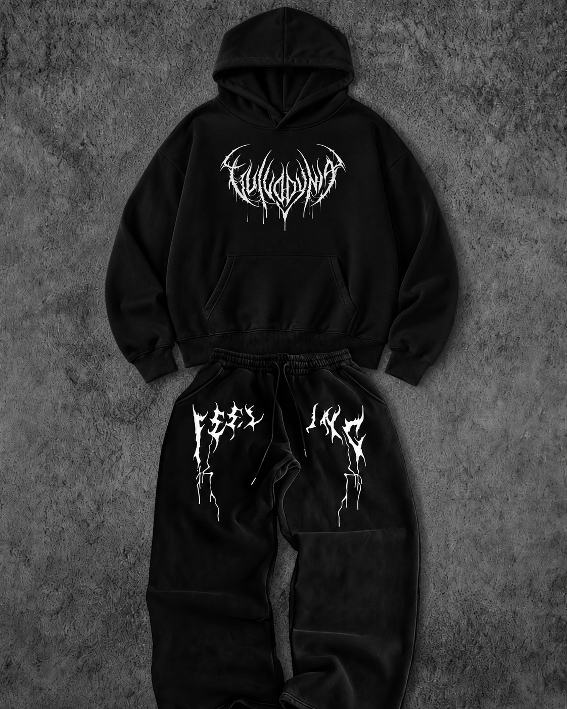 Macklin Unisex Kadın Erkek Feeling Yazı Baskılı Oversize 3 Iplik Kapüşonlu Hoodie ve Baggy Eşofman Altı görsel 7
