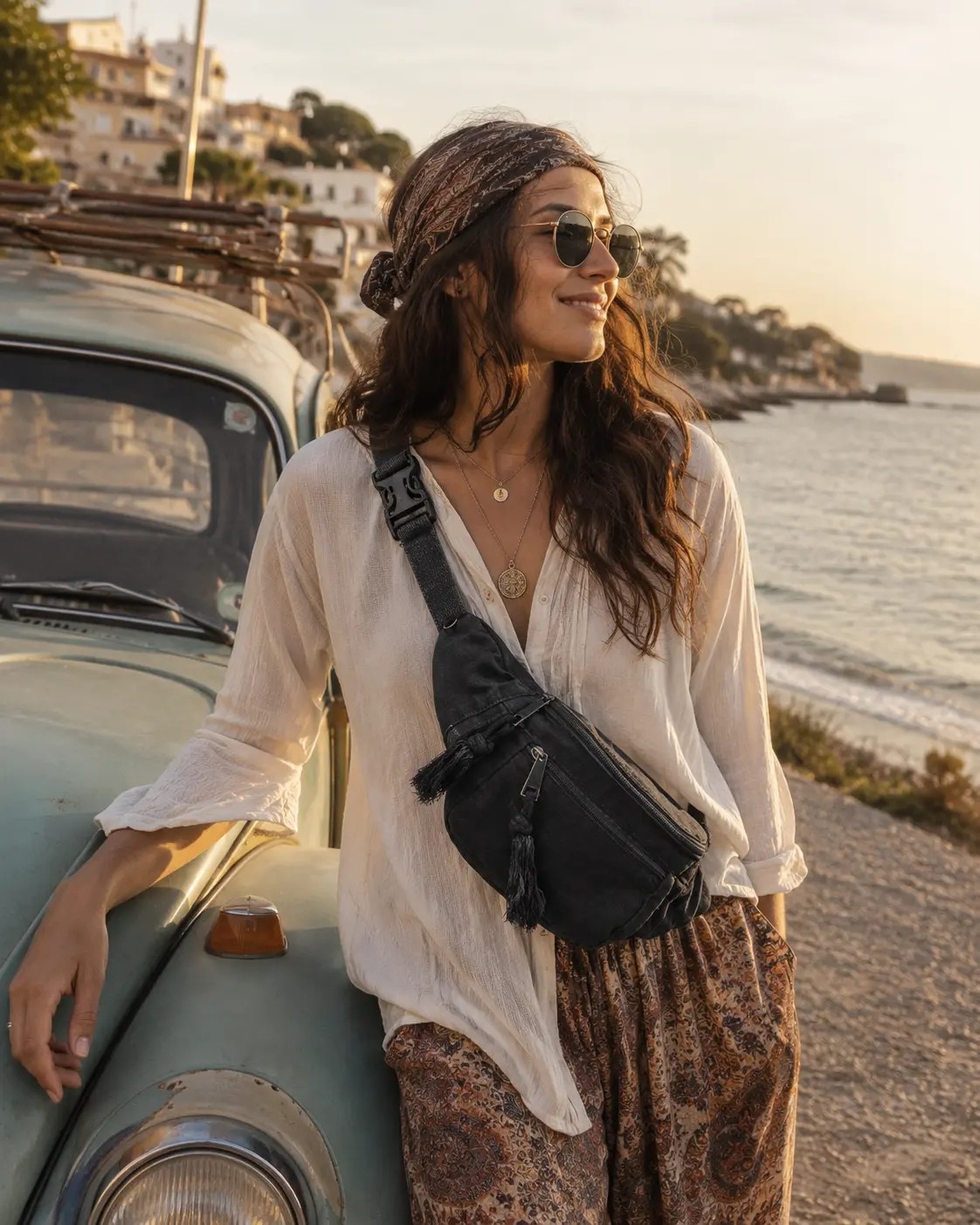 Street Bag Vintage Retro Tasarım Kanvas Çapraz Bel Çantası Püskül Detaylı Retro Çok Gözlü Bel Çantası görsel 6