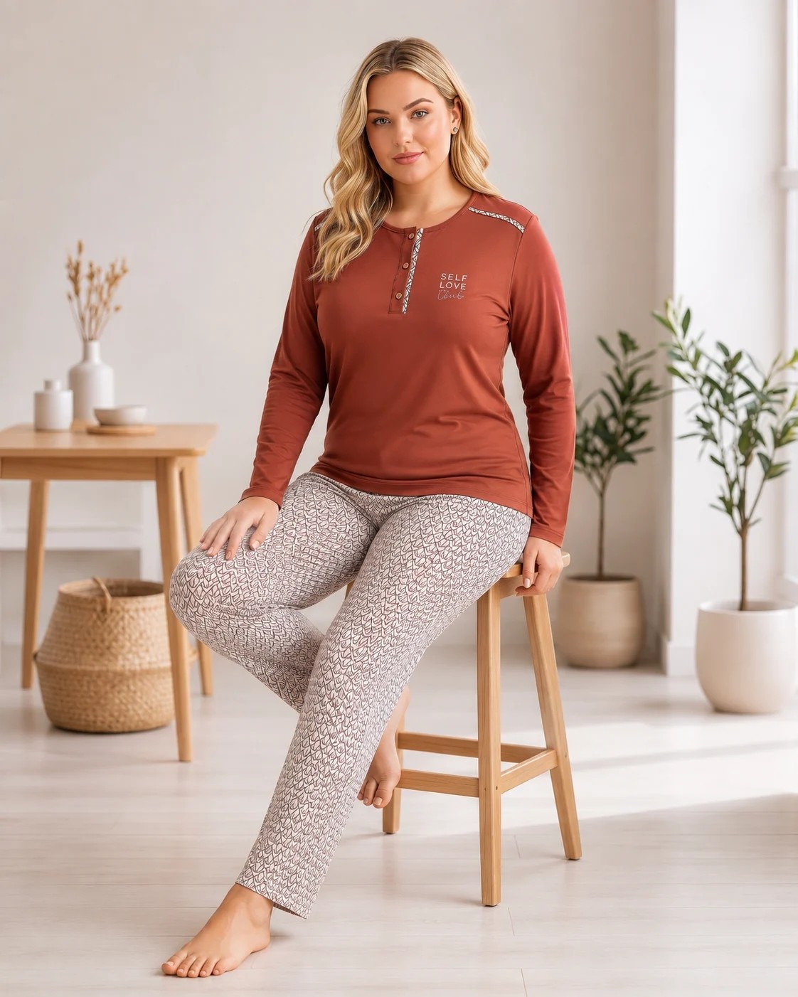 Flz Kadın Büyük Beden Kışlık Viskon Pijama Takımı 3xl 4xl 5xl 6xl | Uzun Kollu 3 Düğmeli B89-101 görsel 5