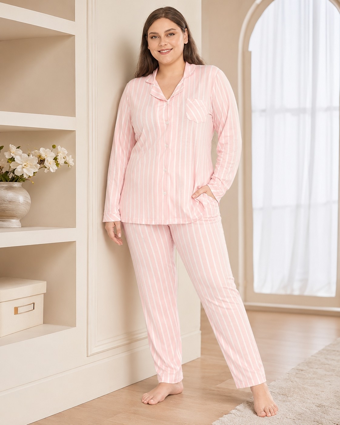 Büyük Beden Kadın Boydan Düğmeli Çizgili Mevsimlik Pijama Takım B790-45 görsel 5