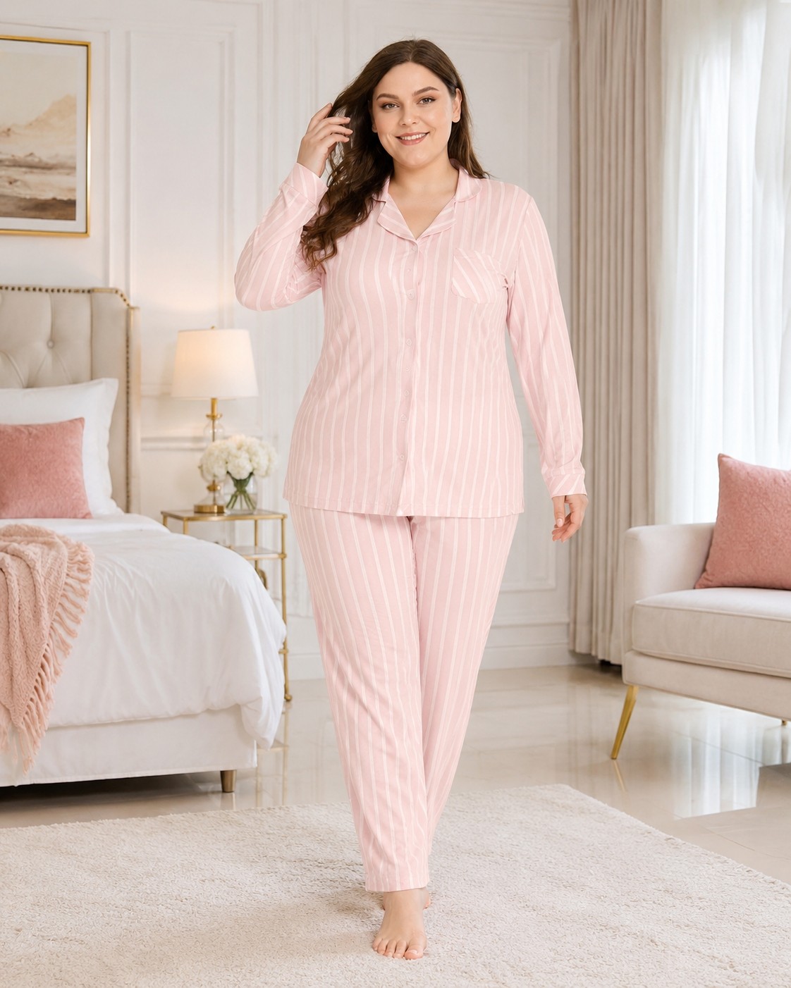 Büyük Beden Kadın Boydan Düğmeli Çizgili Mevsimlik Pijama Takım B790-45 görsel 8