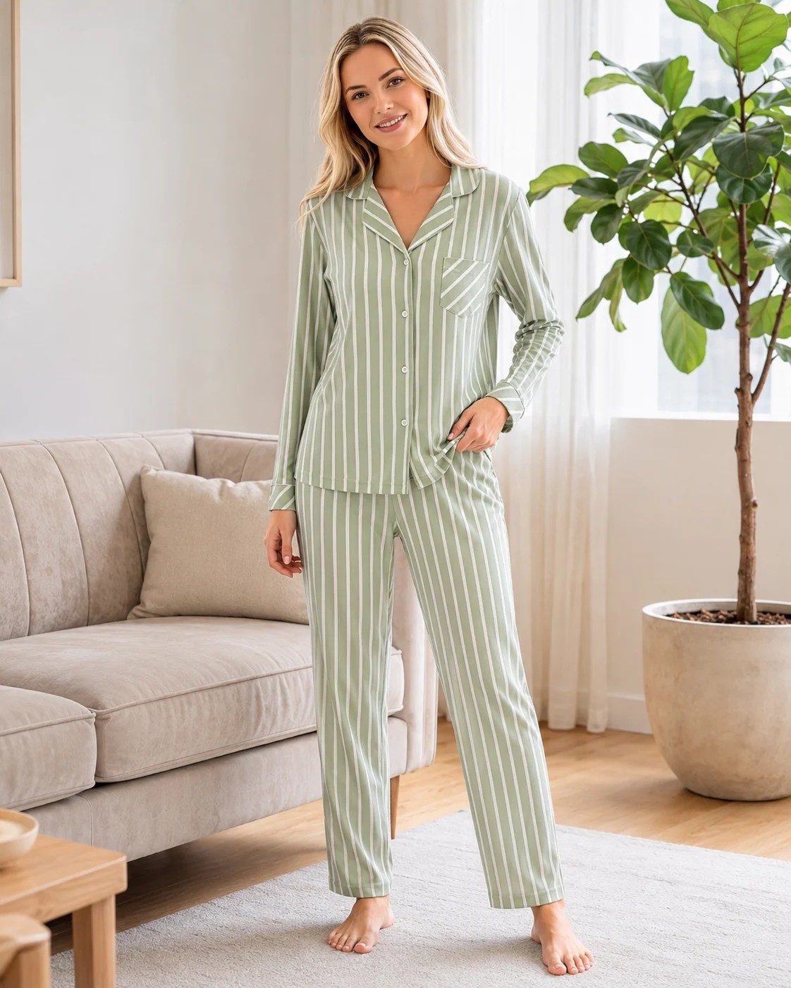 Kadın Viskon Pijama Takımı Mevsimlik Uzun Kollu Boydan Düğmeli Çizgili Rahat Pijama M L Xl Xxl 790-90