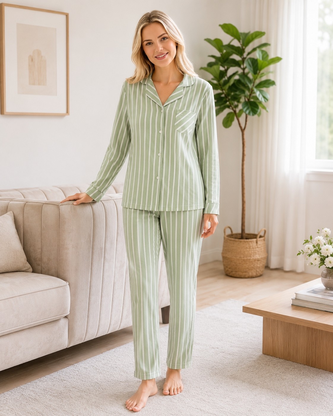 Kadın Viskon Pijama Takımı Mevsimlik Uzun Kollu Boydan Düğmeli Çizgili Rahat Pijama M L Xl Xxl 790-90 görsel 6